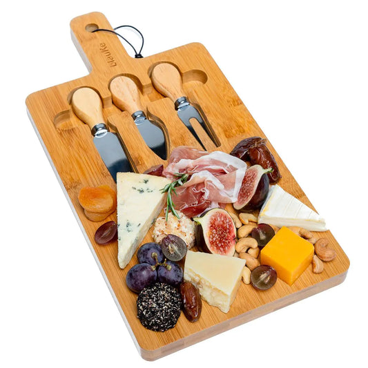 Bamboo Cheese Board and Knife Set - 12x8 inch Charcuterie Board with Magnetic Cutlery Storage - Wood Serving Tray with Handle