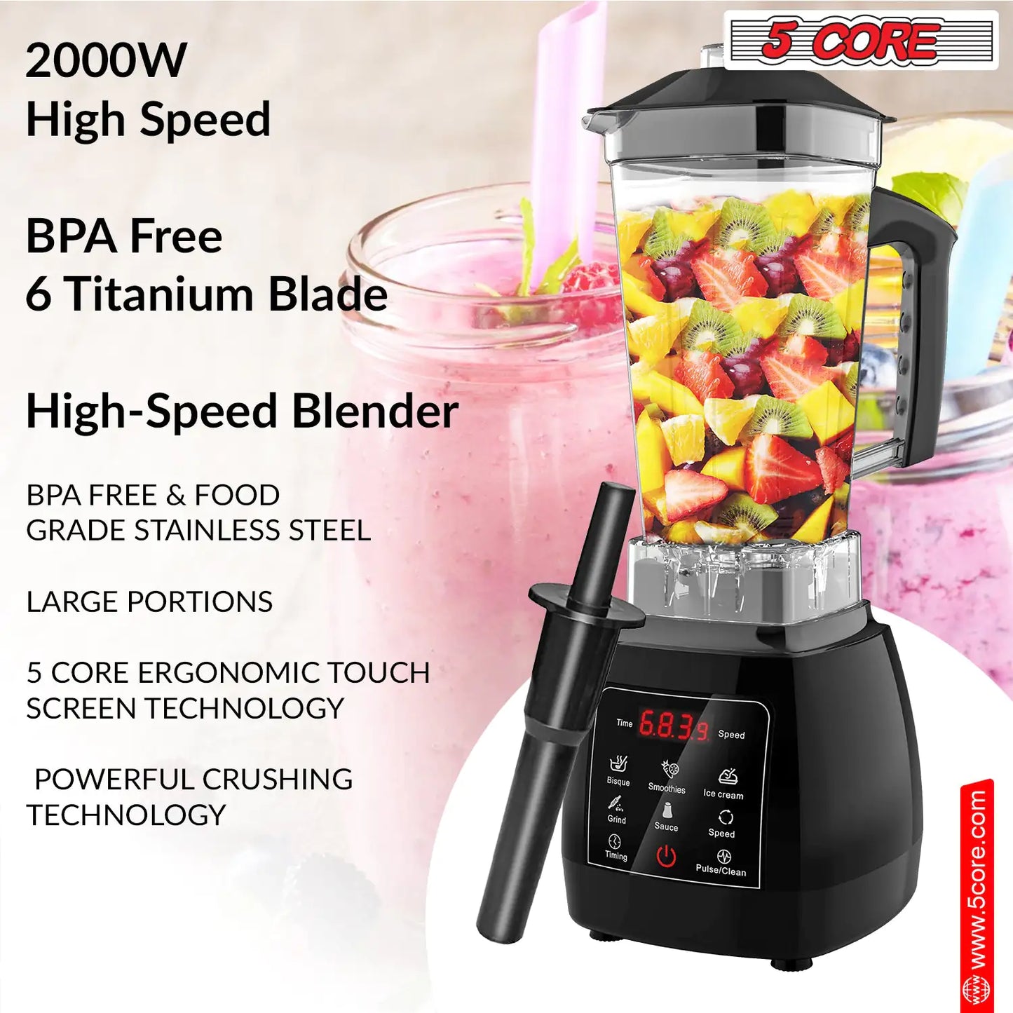 5Core Juicer Blender Machines 2000W Countertop Kitchen Smoothie Maker w 68oz Jar